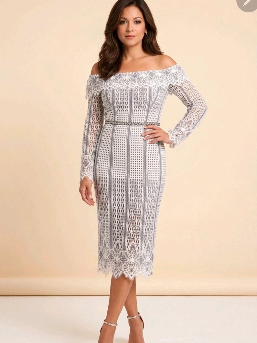VENUS Off-Shoulder White Lace Midi Dress